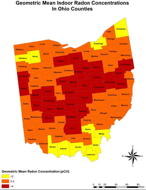Radon levels in Ohio by county